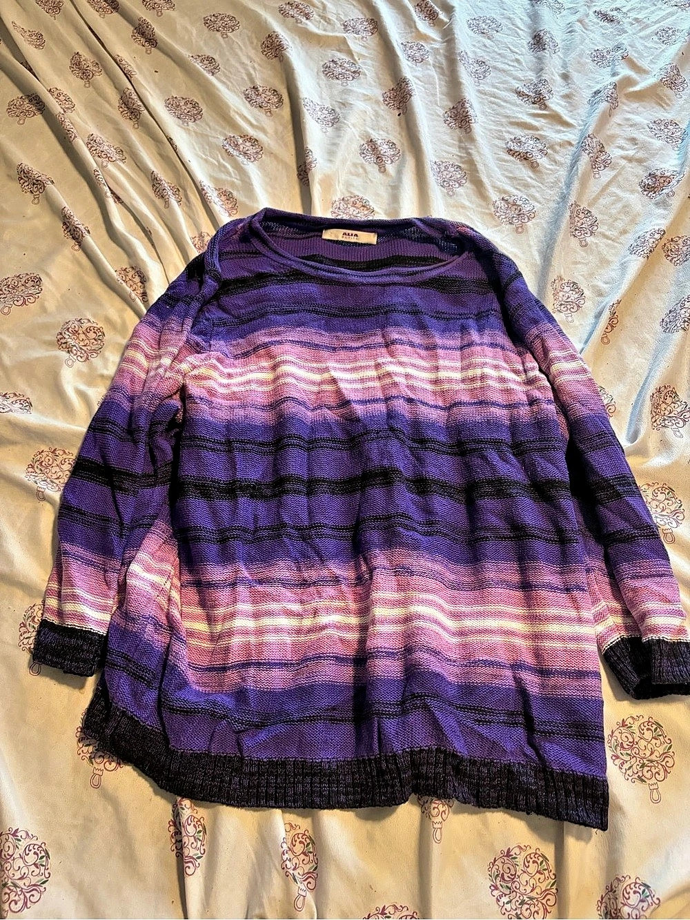 Aria Petite Striped Crewneck Sweater in Purple & Black